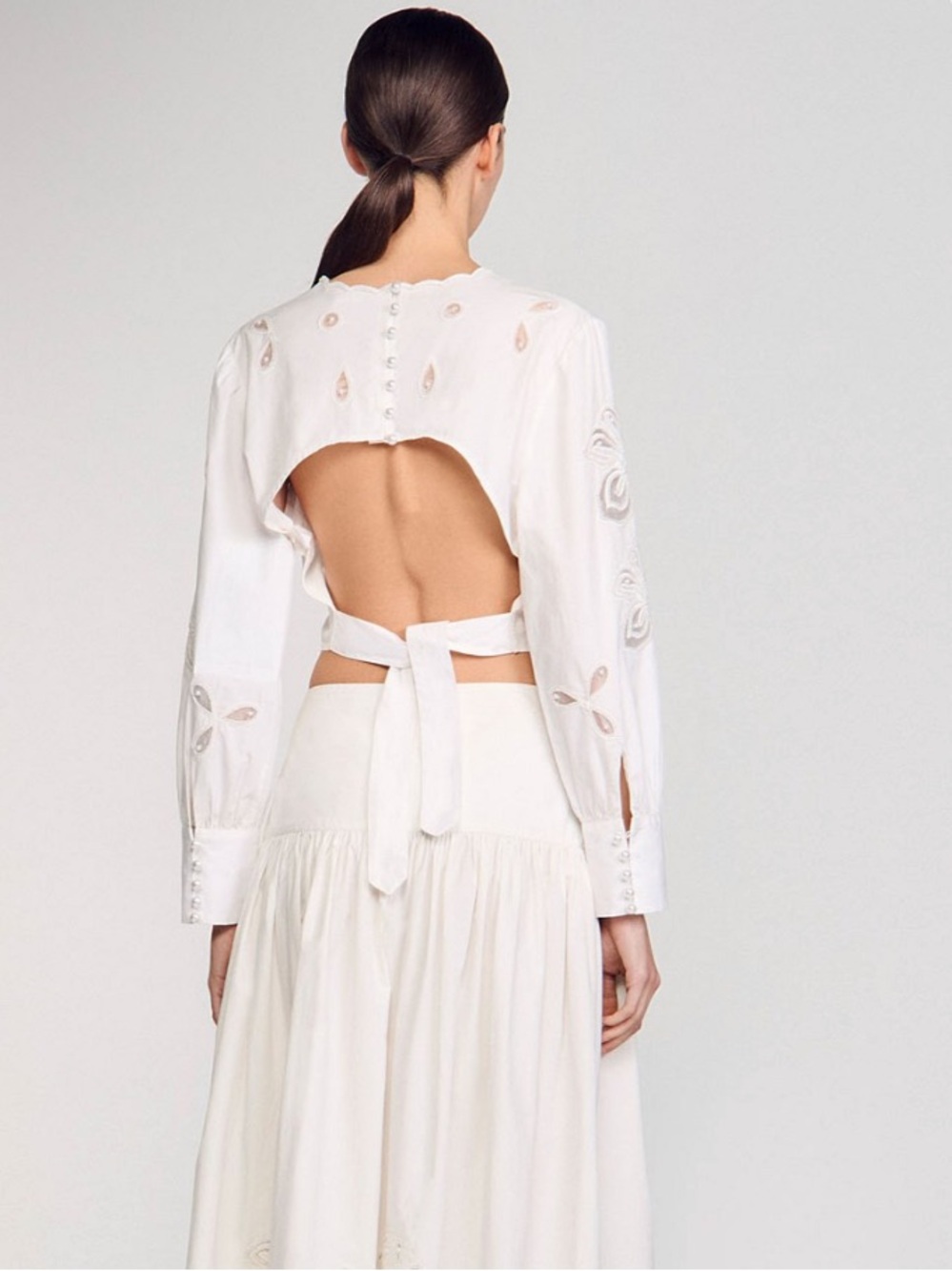SANDRO White Open-Back eyelet with Long Sleeve top with pearls